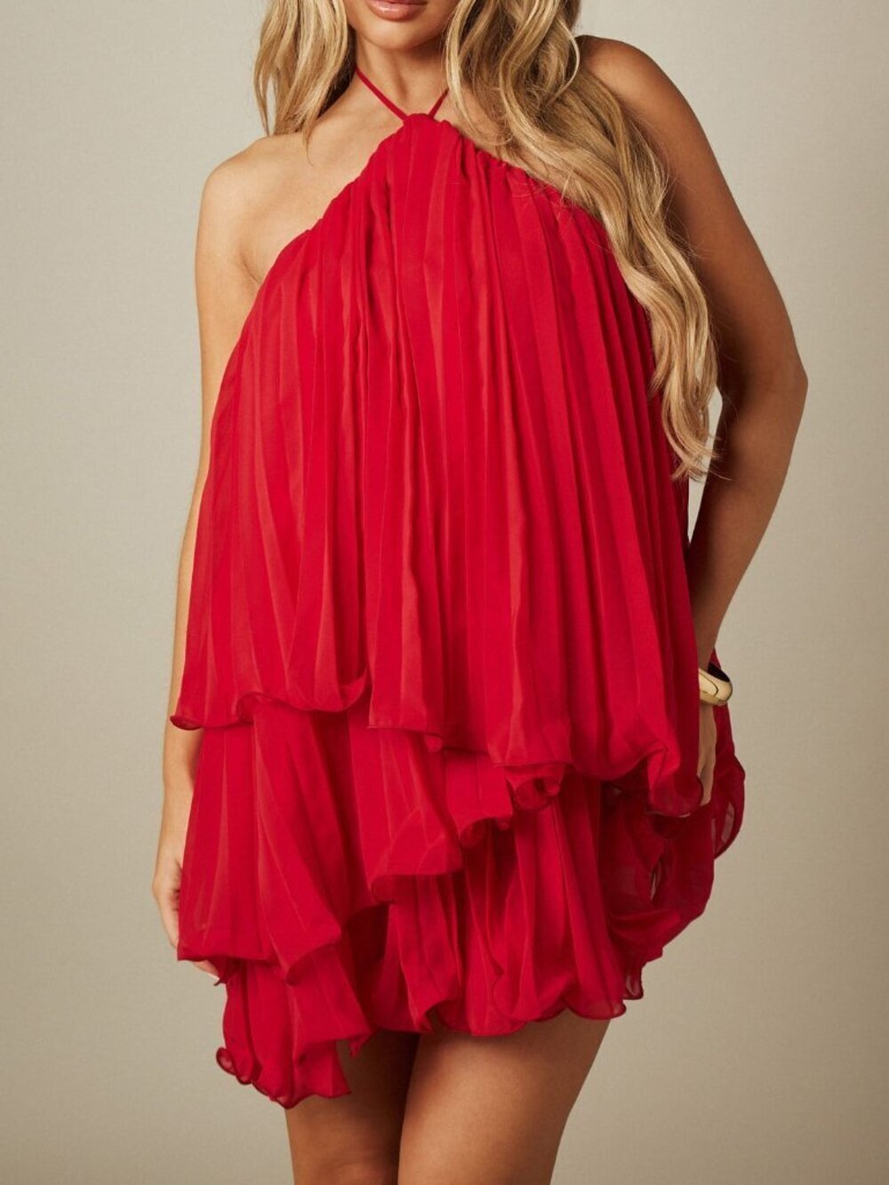 Red Evening Women's Chiffon Pleated Halter Mini Dress